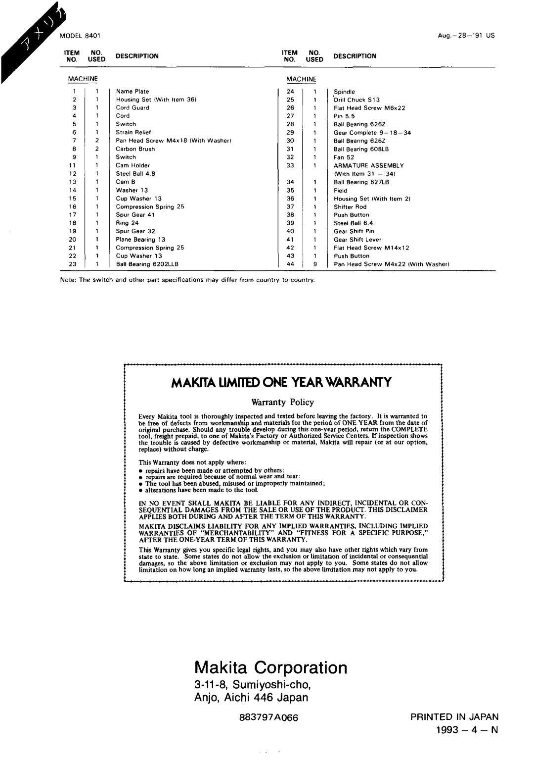 Makita 8401 instruction manual Makita Corporation 