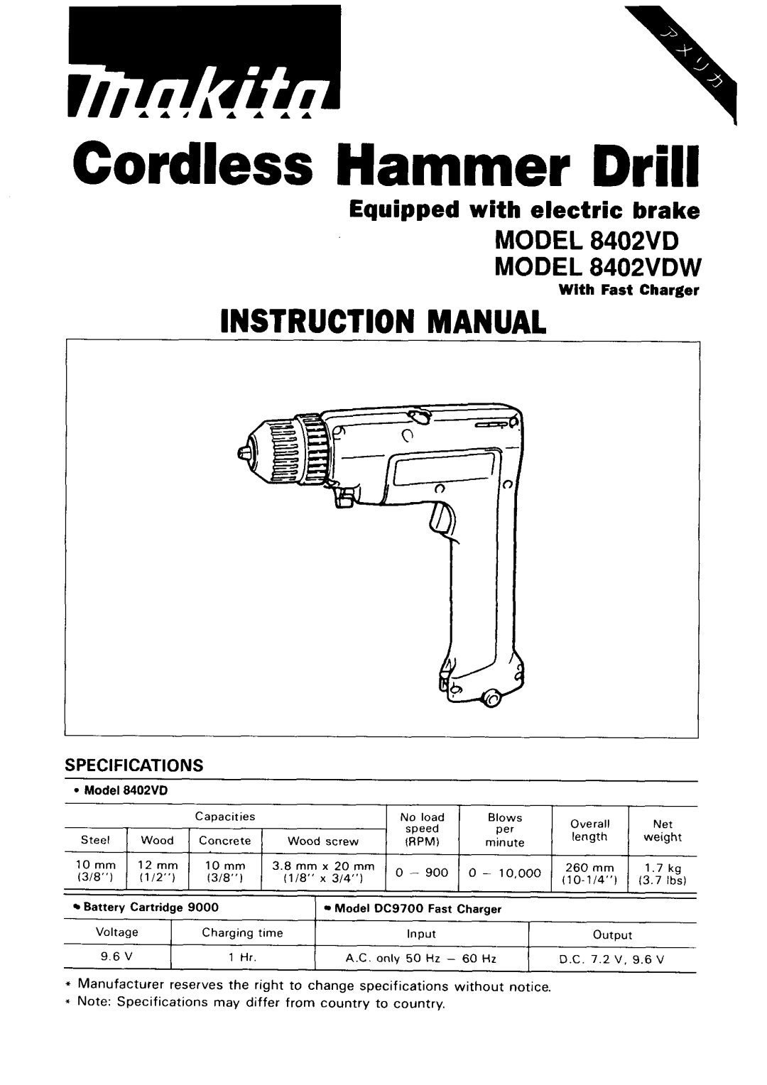 Makita 8402VDW instruction manual Cordless Hammer Drill 