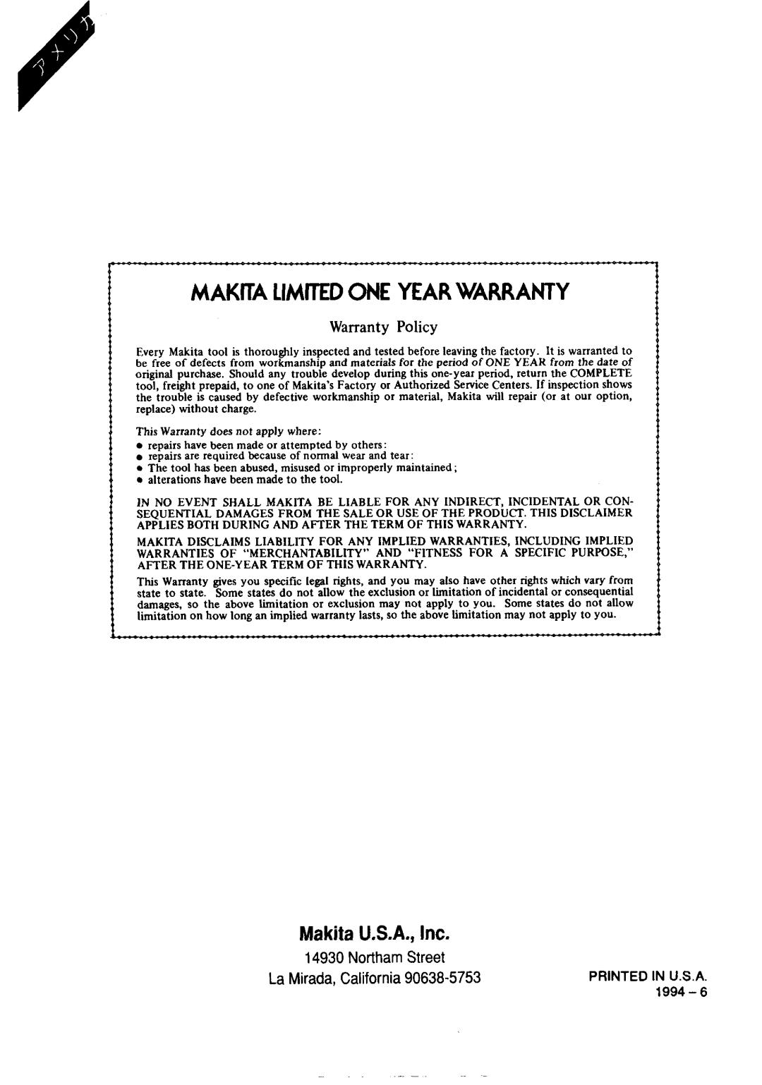 Makita 8402VDW instruction manual Makita Limited ONE Year Warranty 