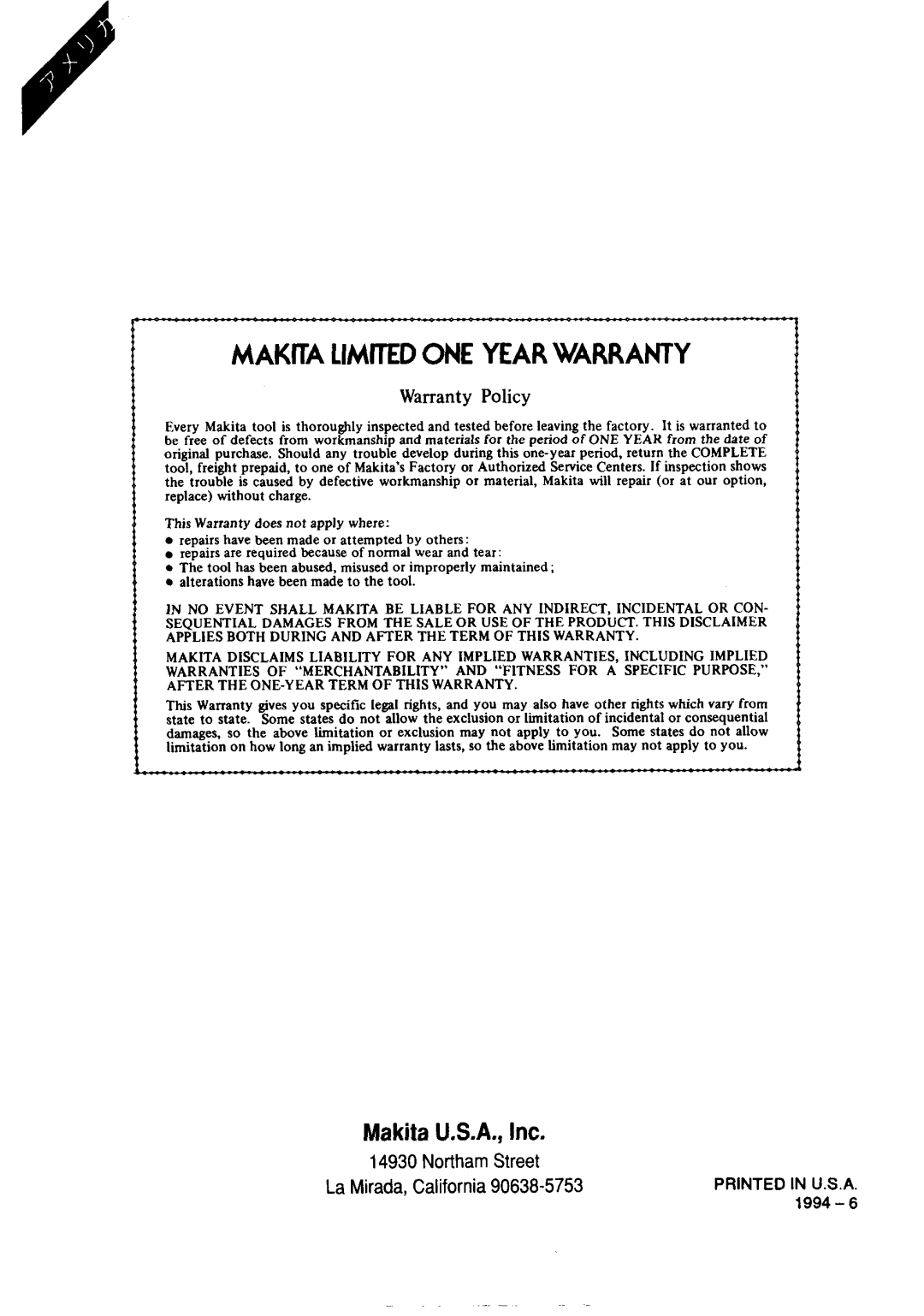 Makita 8402VDW instruction manual Makita Limited One Year Warranty, Makita U.S.A., Inc, Warranty Policy 