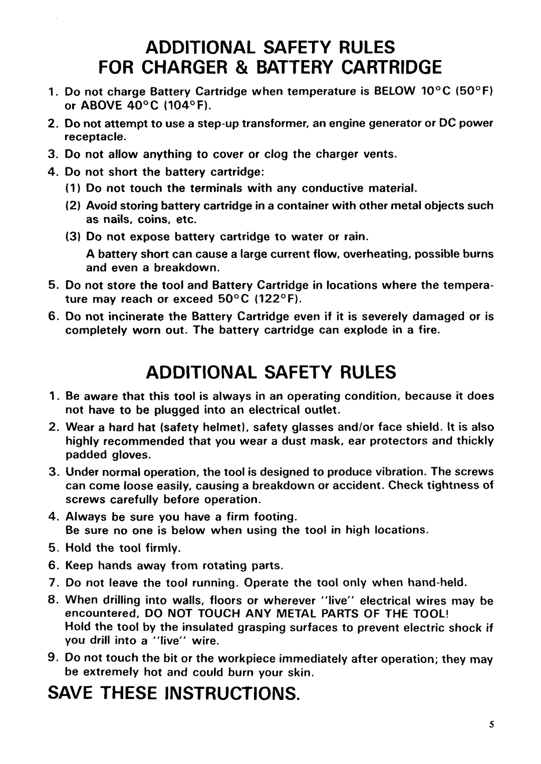 Makita 8402VDW instruction manual Additional Safety Rules For Charger & Battery Cartridge, Save These Instructions 