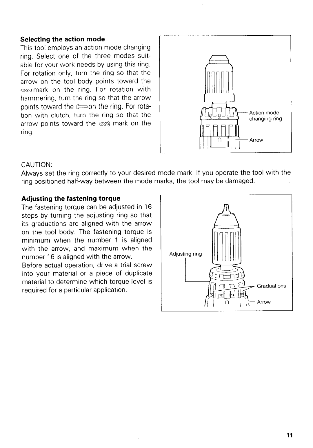 Makita 8413 instruction manual Selecting the action mode, Adjusting the fastening torque 