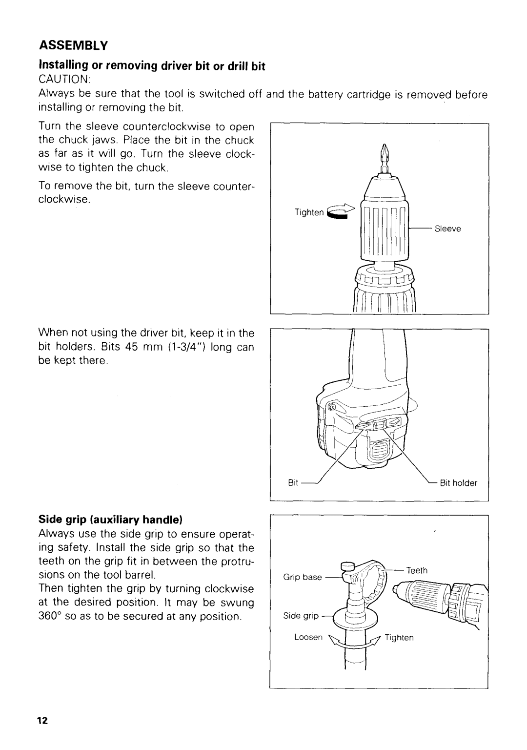 Makita 8413 instruction manual Installing or removing driver bit or drill bit, Side grip auxiliary handle 