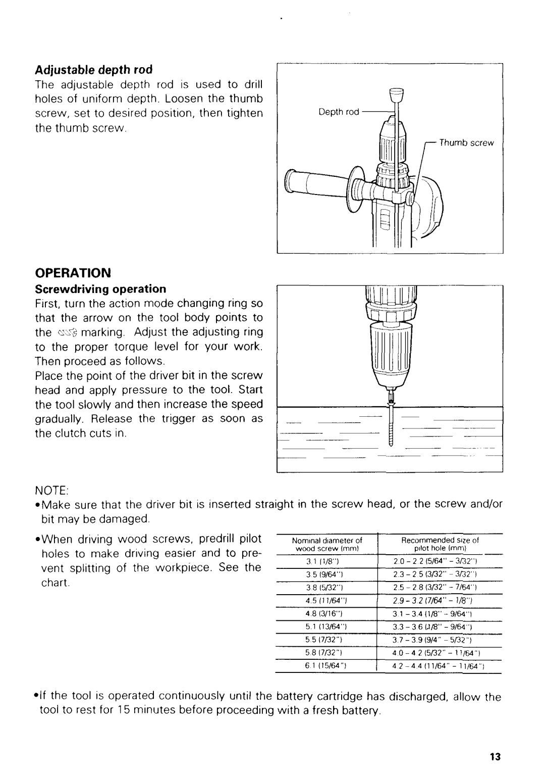 Makita 8413 instruction manual Adjustable depth rod, Screwdriving operation 