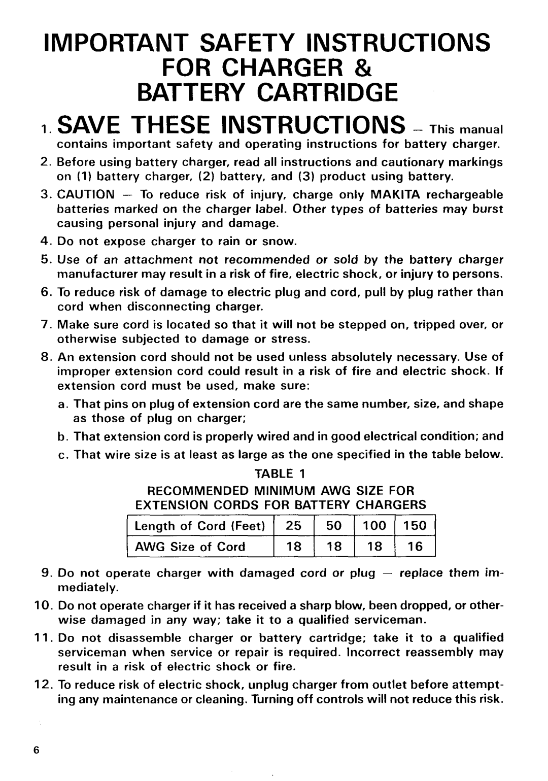 Makita 8413 instruction manual Important Safety Instructions For Charger Battery Cartridge 