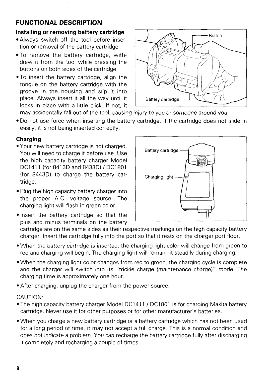 Makita 8413 instruction manual Installing or removing battery cartridge, Charging 