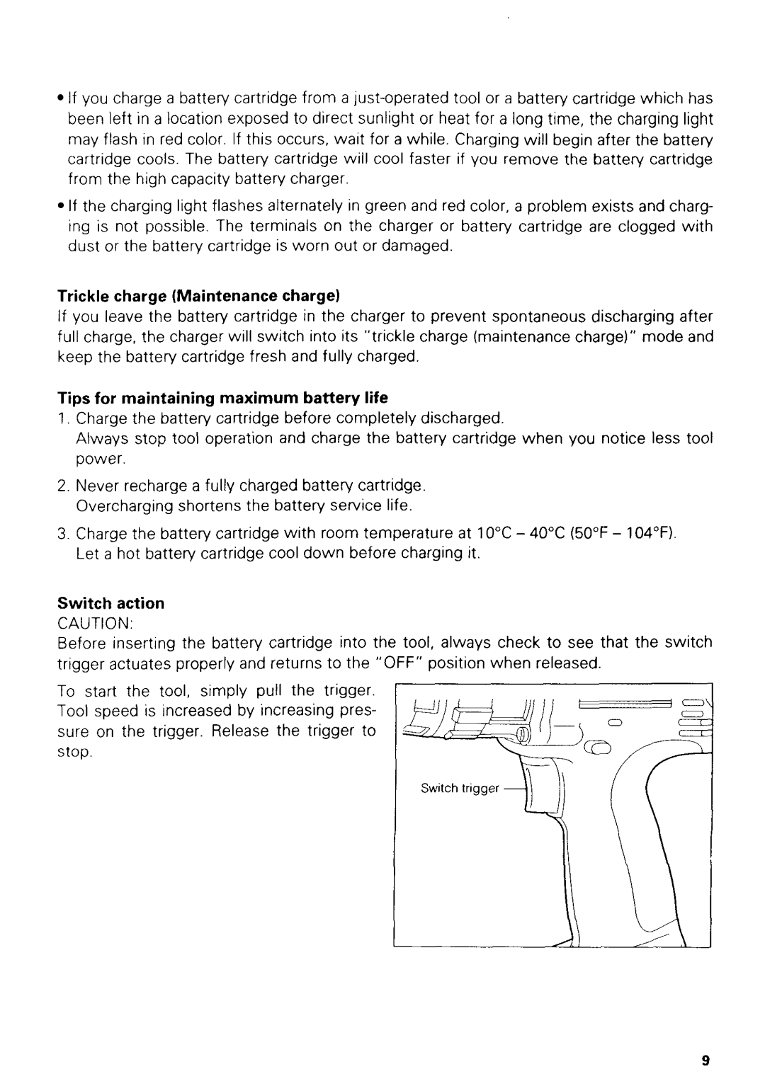 Makita 8413 instruction manual Trickle charge Maintenance charge, Tips for maintaining maximum battery life, Switch action 