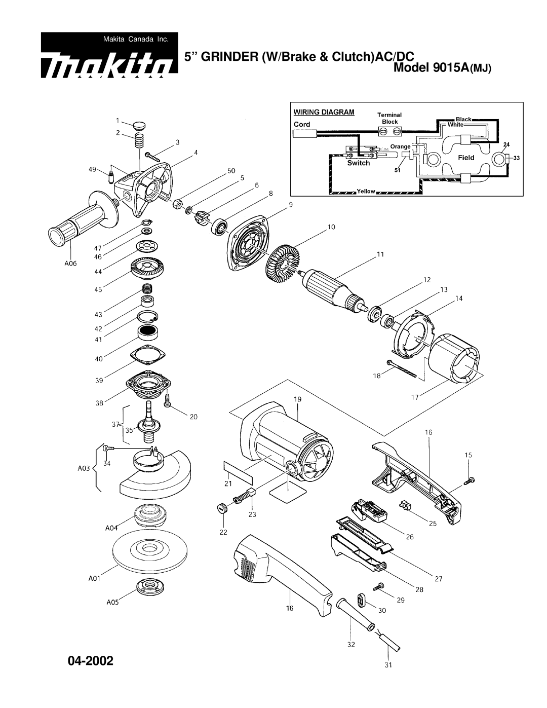 Makita 9015A(MJ) manual Grinder W/Brake & ClutchAC/DC Model 9015AMJ 04-2002 