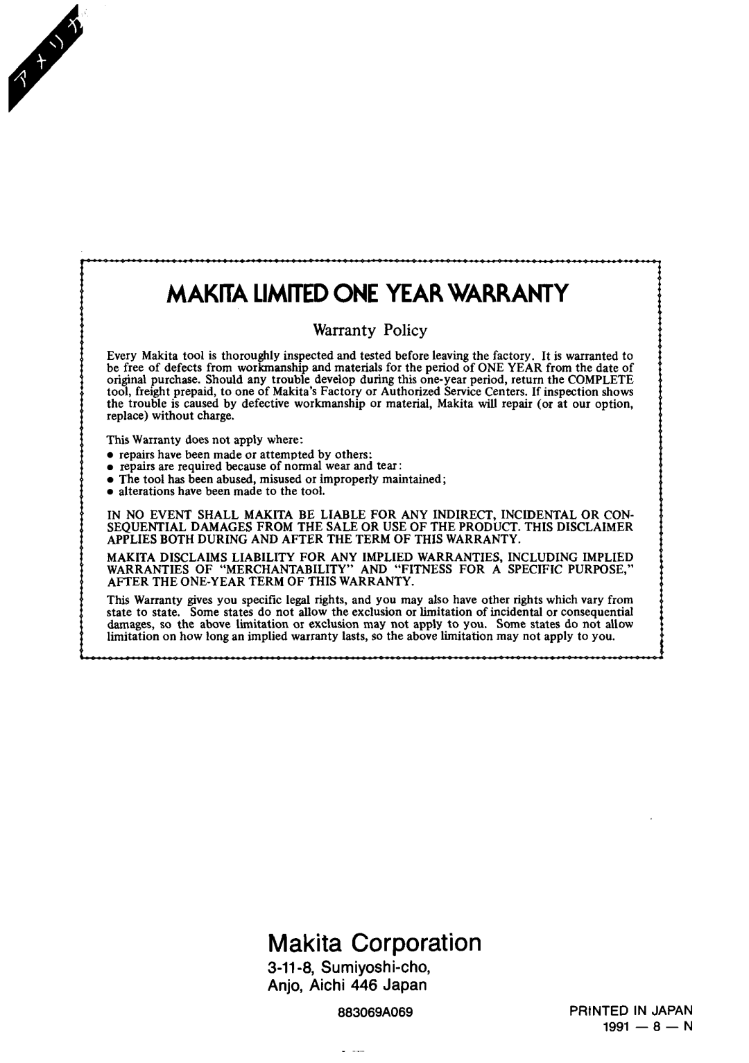 Makita 9030 instruction manual Makita Limitedone Year Warranty 