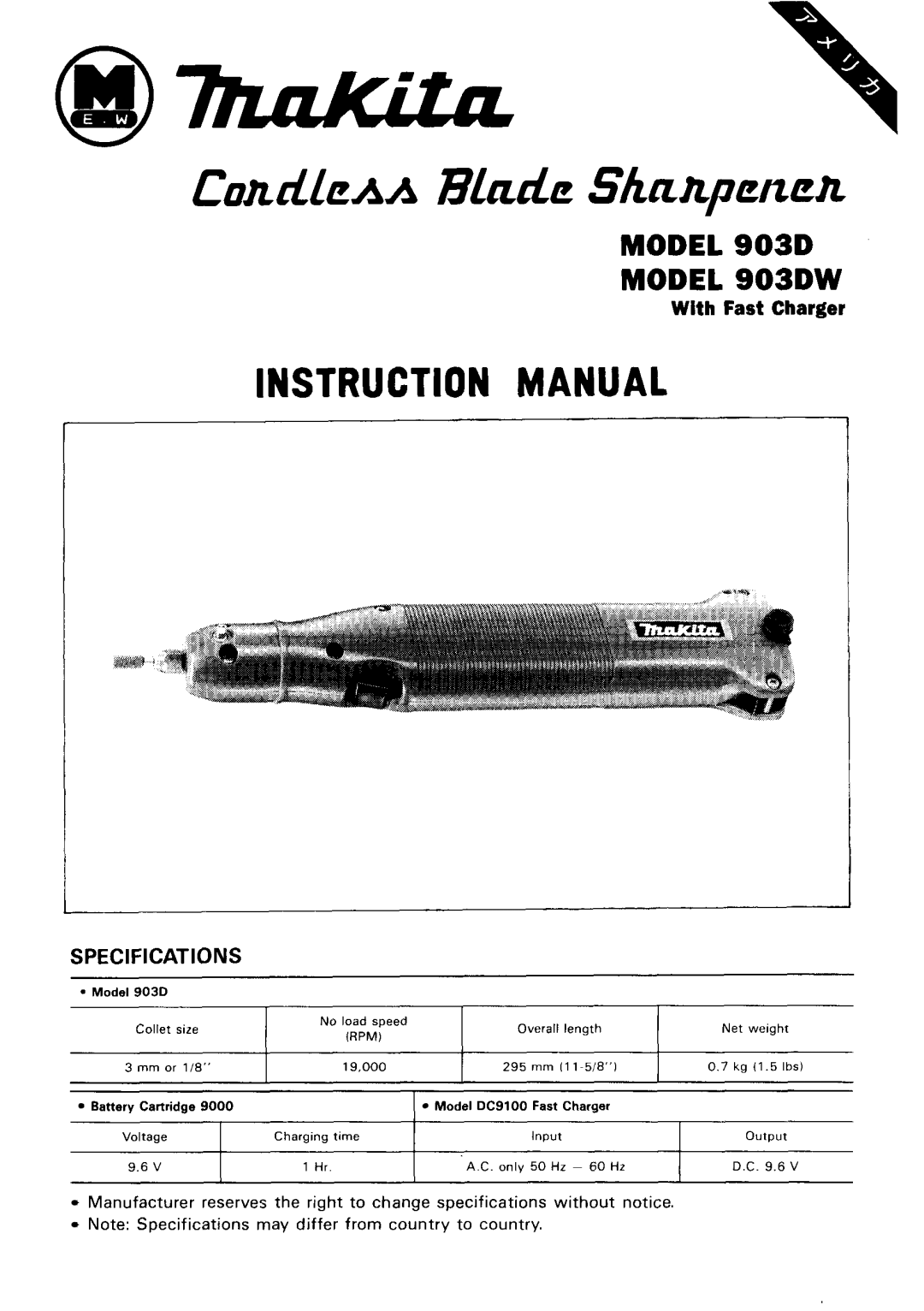 Makita instruction manual Model 903D Model 903DW 