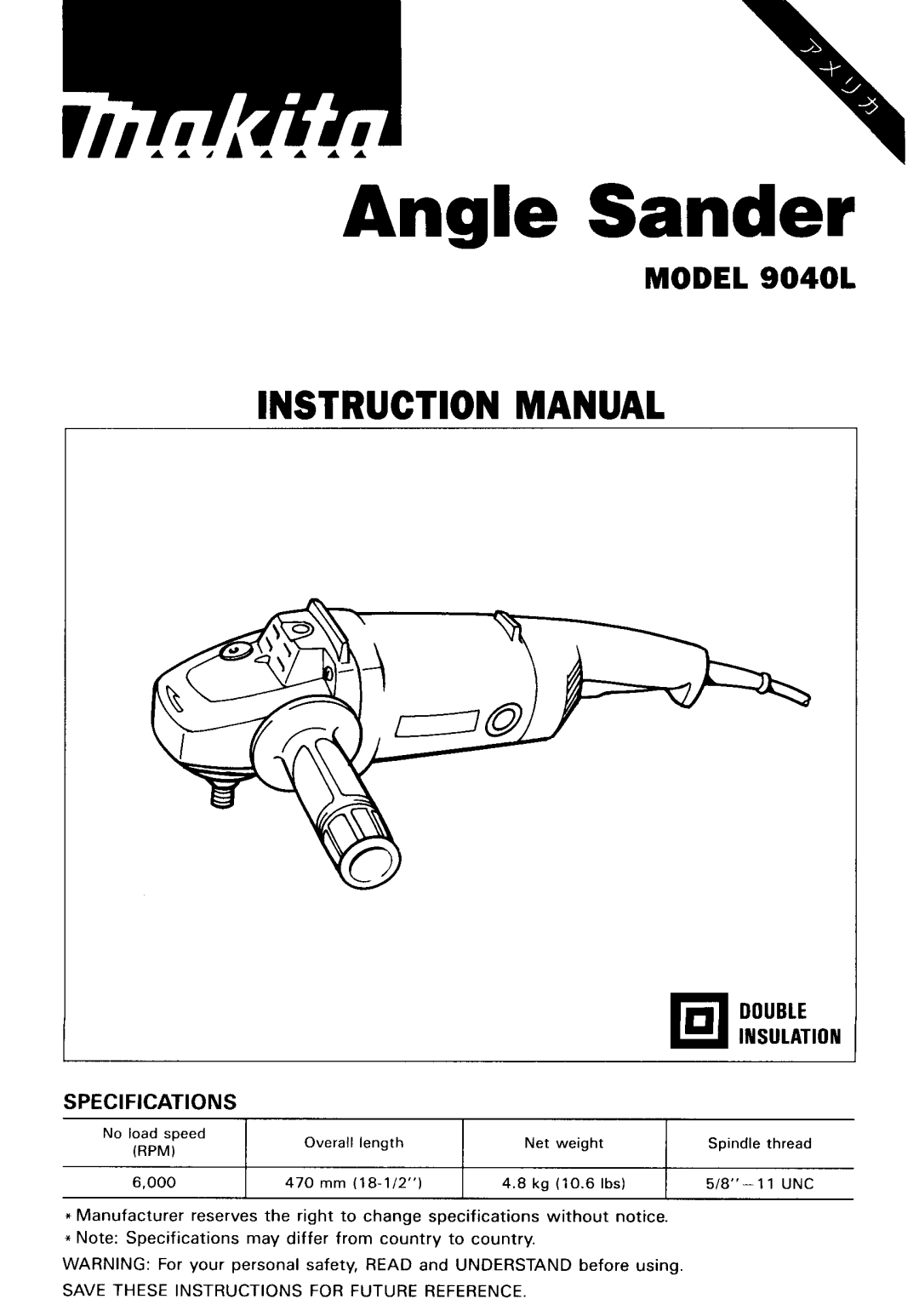 Makita instruction manual Model 9040L, Double 