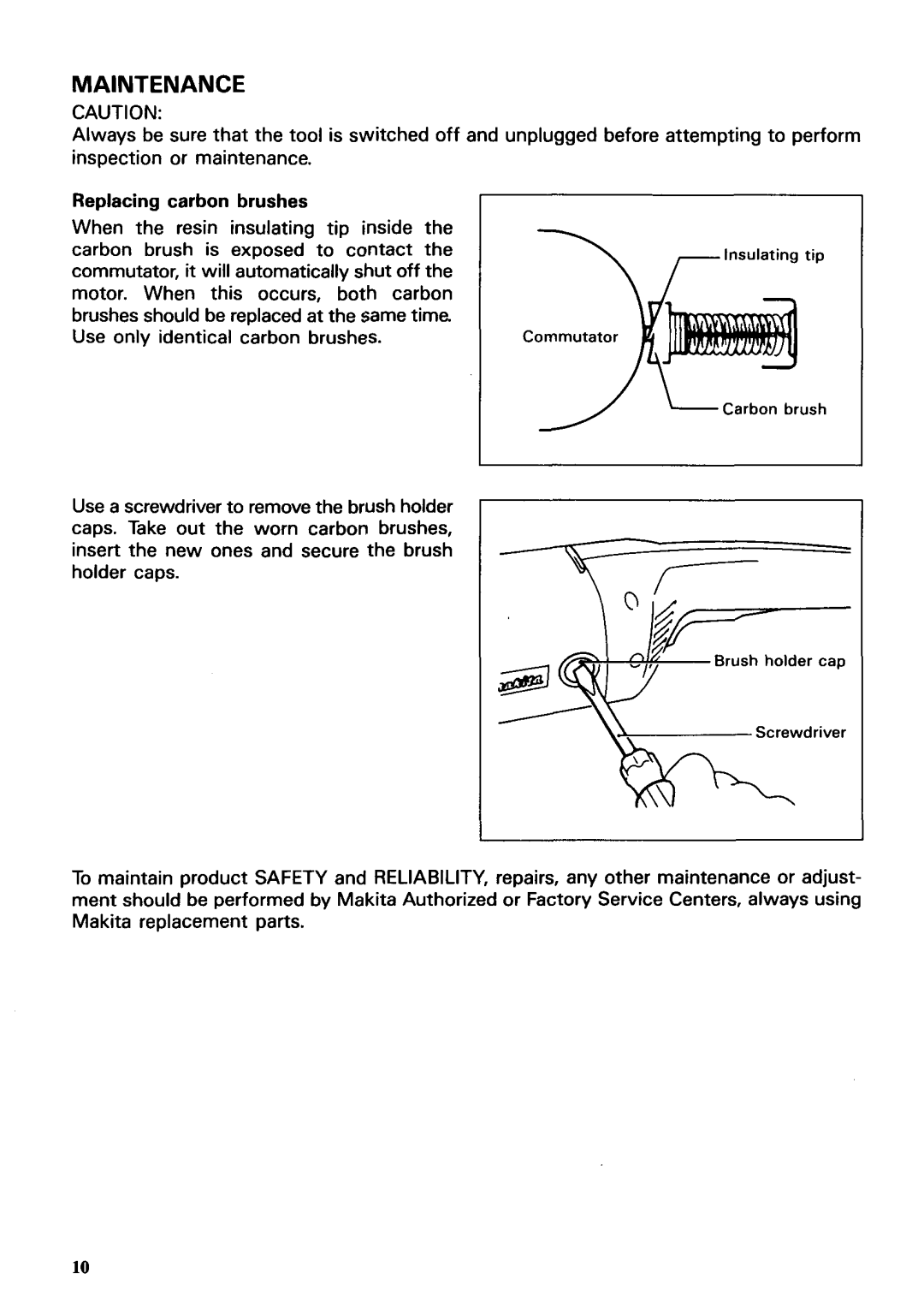 Makita 9040L instruction manual Maintenance, Replacing carbon brushes 