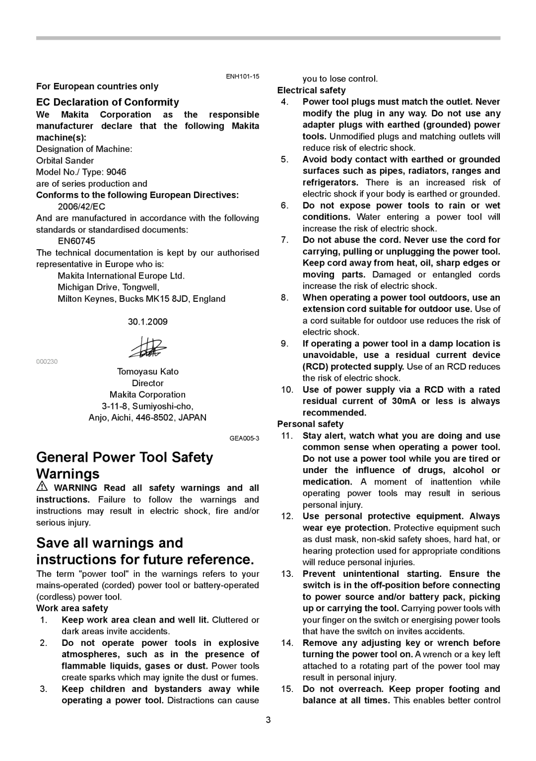 Makita 9046 instruction manual EC Declaration of Conformity, For European countries only 