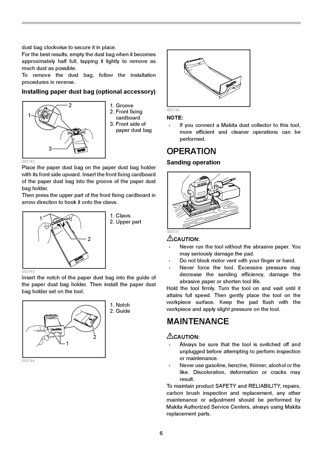 Makita 9046 instruction manual Operation, Maintenance, Installing paper dust bag optional accessory, Sanding operation 