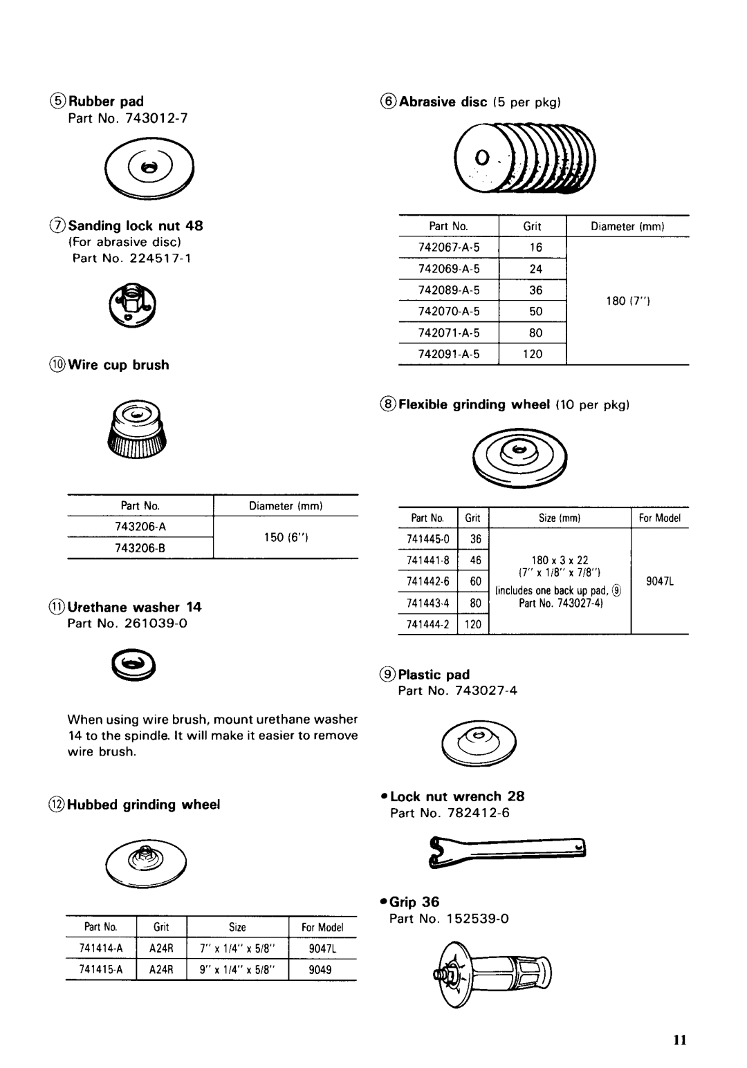 Makita 90471, 9049 @Rubber pad, @Sanding lock nut, @Wire cup brush, @Flexible grinding wheel 10 per pkg, @Urethane washer 