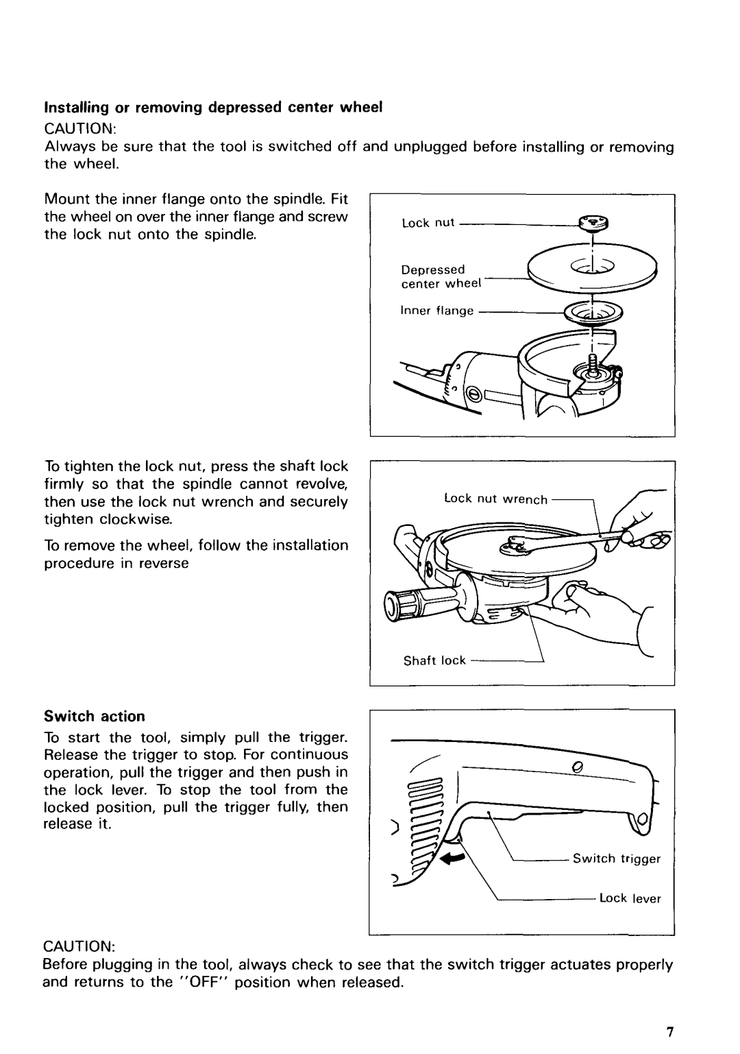 Makita 90471, 9049 instruction manual Installing or removing depressed center wheel, Switch action 