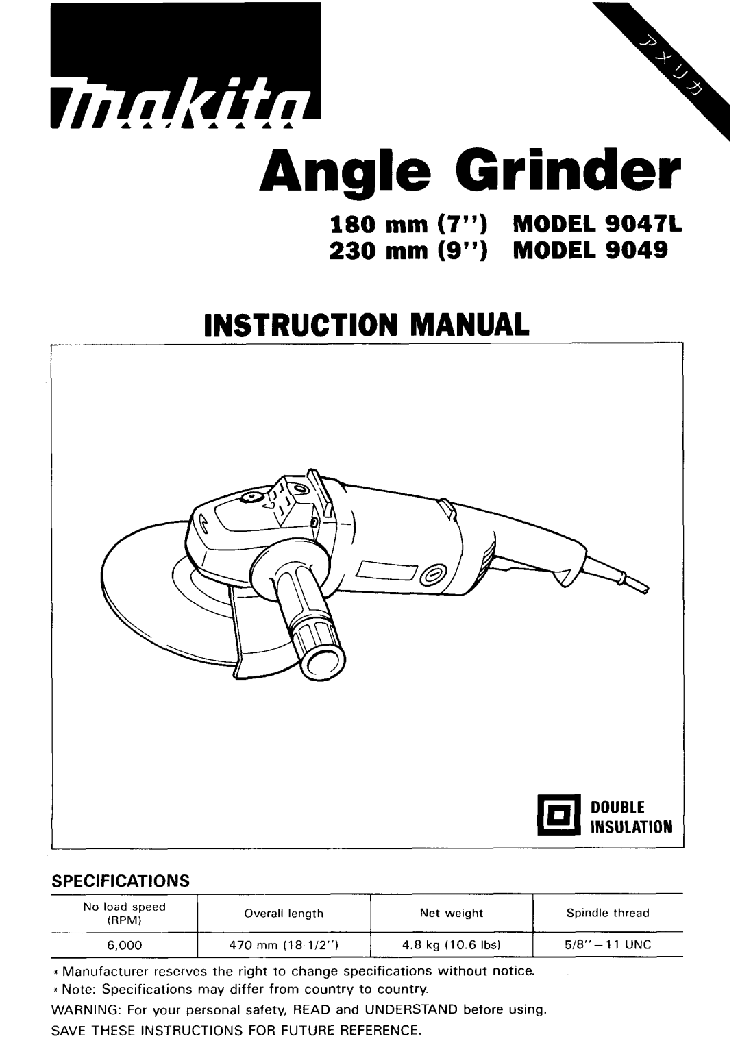 Makita 9047L, 9049 instruction manual Angle Grinder 