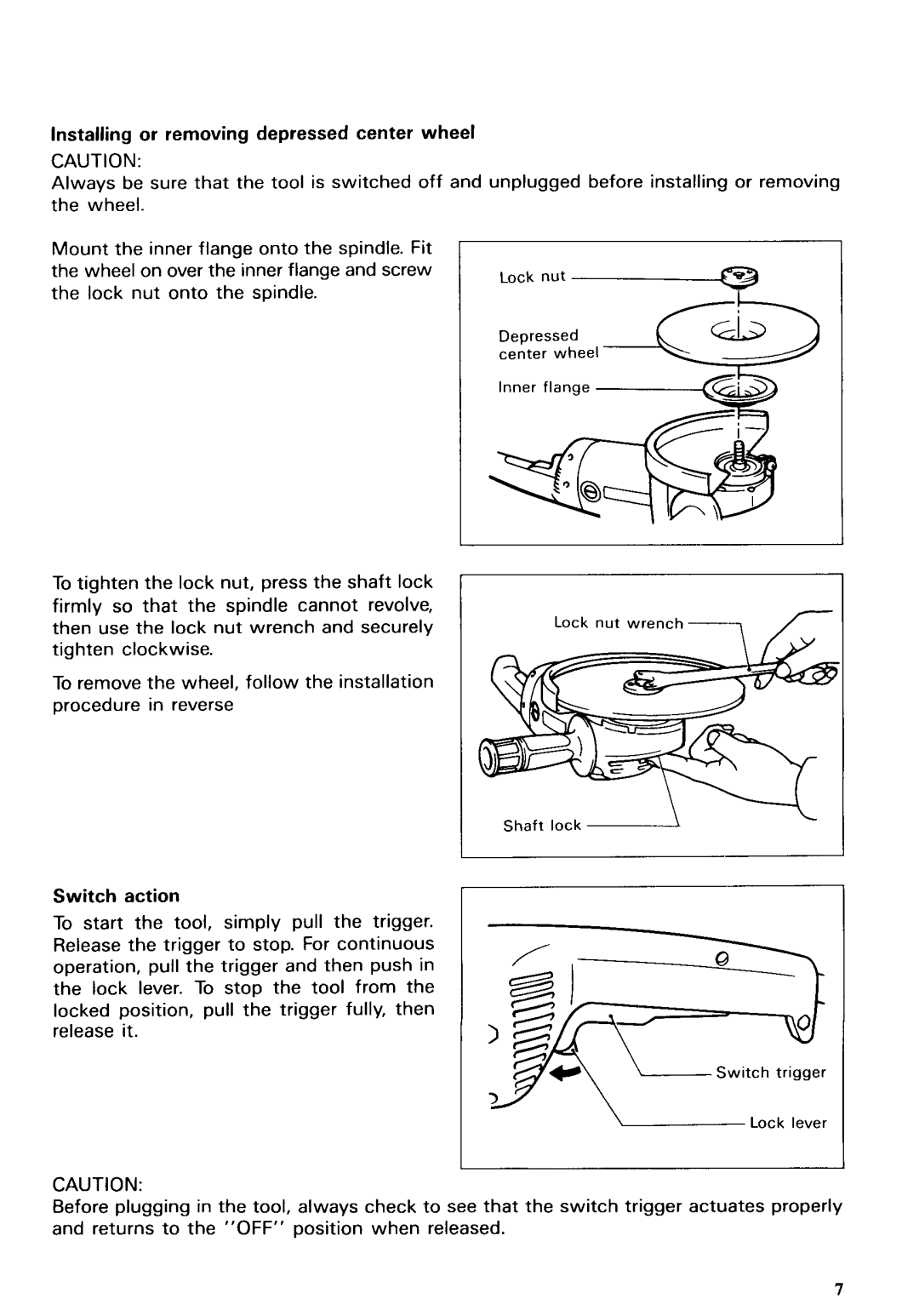 Makita 9047L, 9049 instruction manual Installing or removing depressed center wheel, Switch action 