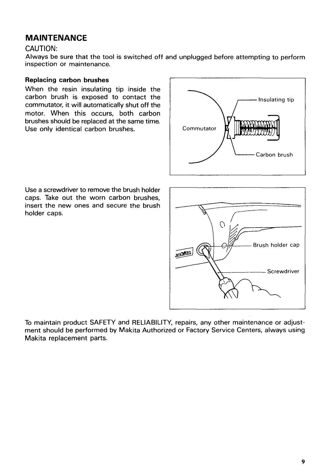 Makita 9047L, 9049 instruction manual Maintenance, Replacing carbon brushes 