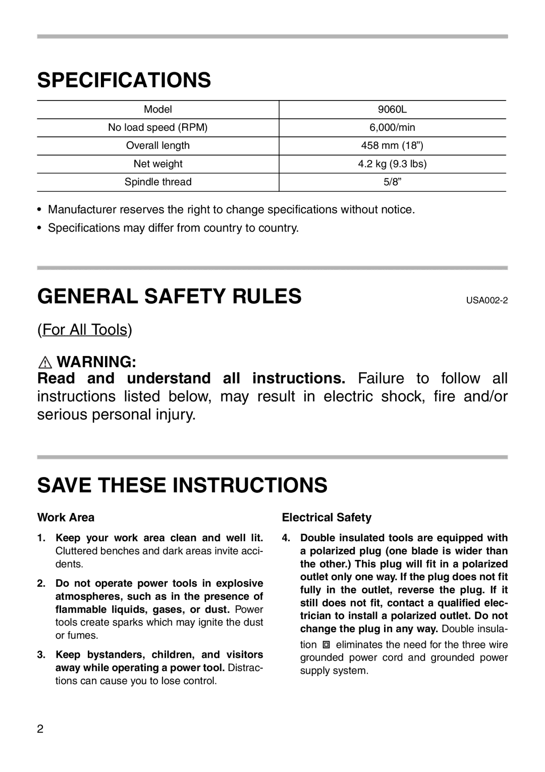 Makita 9060L instruction manual Specifications 