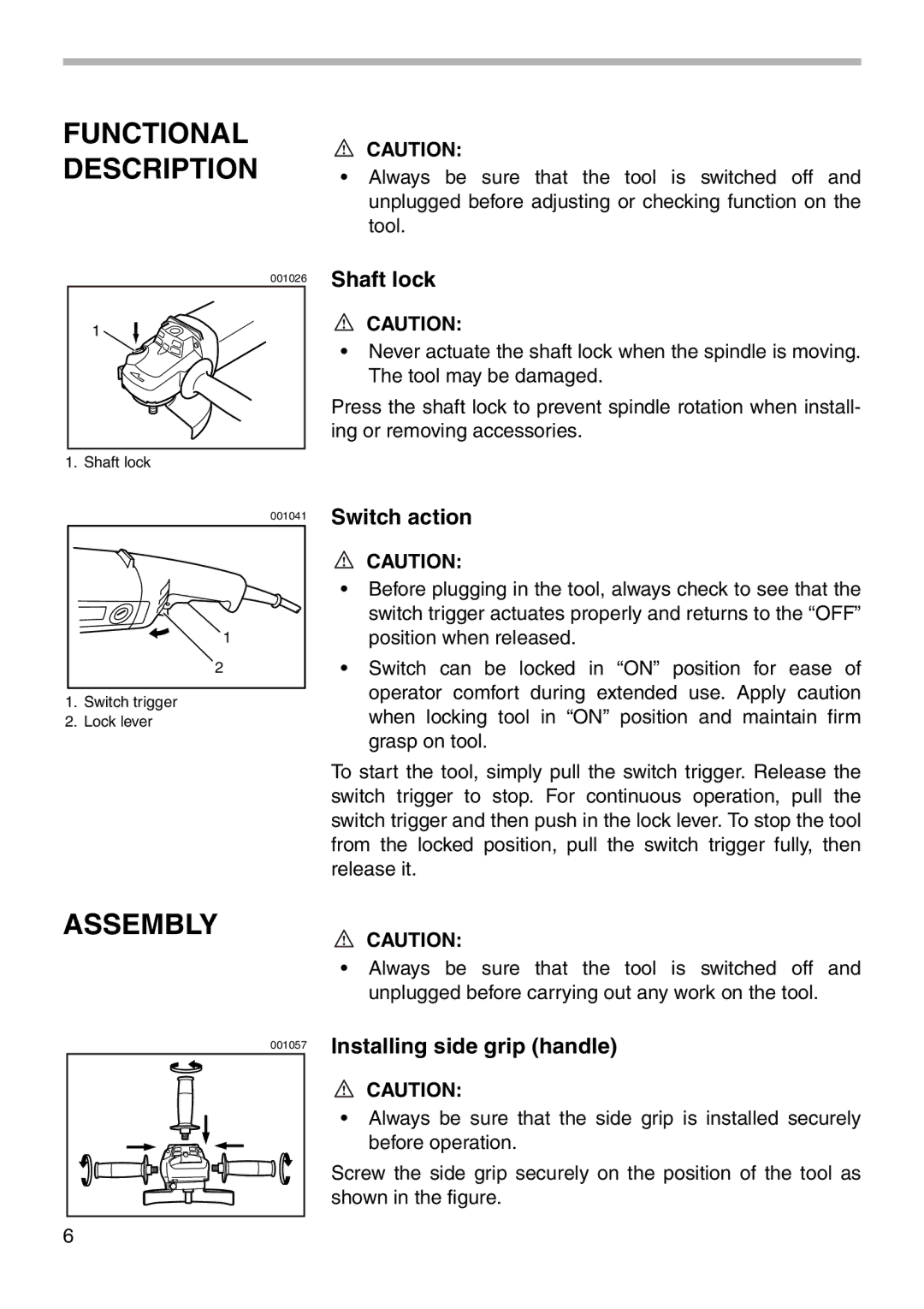 Makita 9060L instruction manual Shaft lock, Switch action, Installing side grip handle 