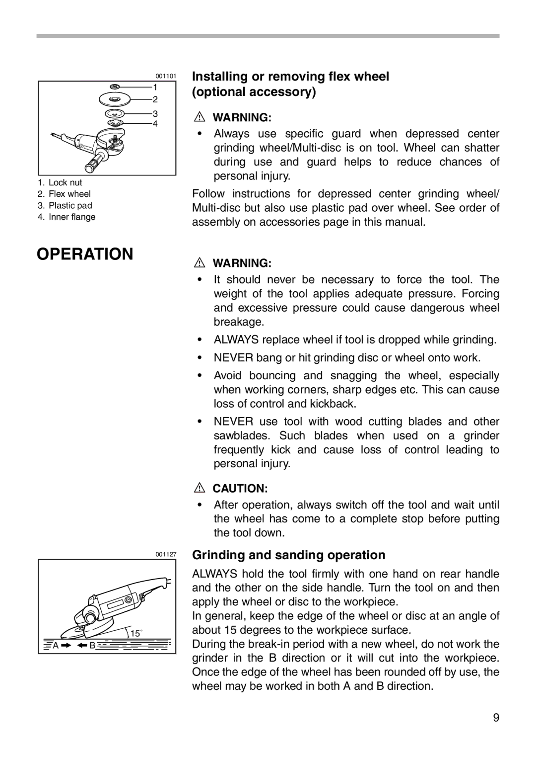 Makita 9060L instruction manual Installing or removing flex wheel optional accessory, Grinding and sanding operation 