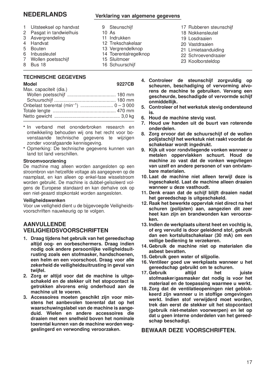 Makita 9227CB Nederlands, Aanvullende Veiligheidsvoorschriften, Bewaar Deze Voorschriften, Technische Gegevens 