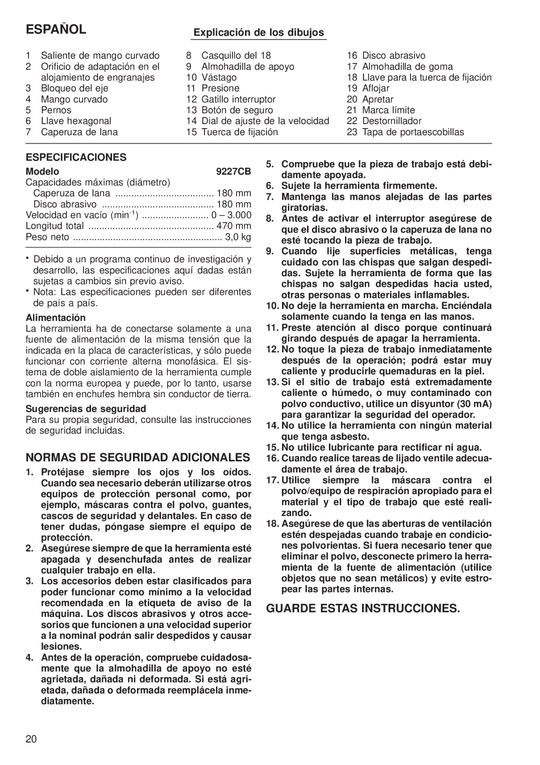 Makita 9227CB instruction manual Normas DE Seguridad Adicionales, Guarde Estas Instrucciones, Especificaciones 