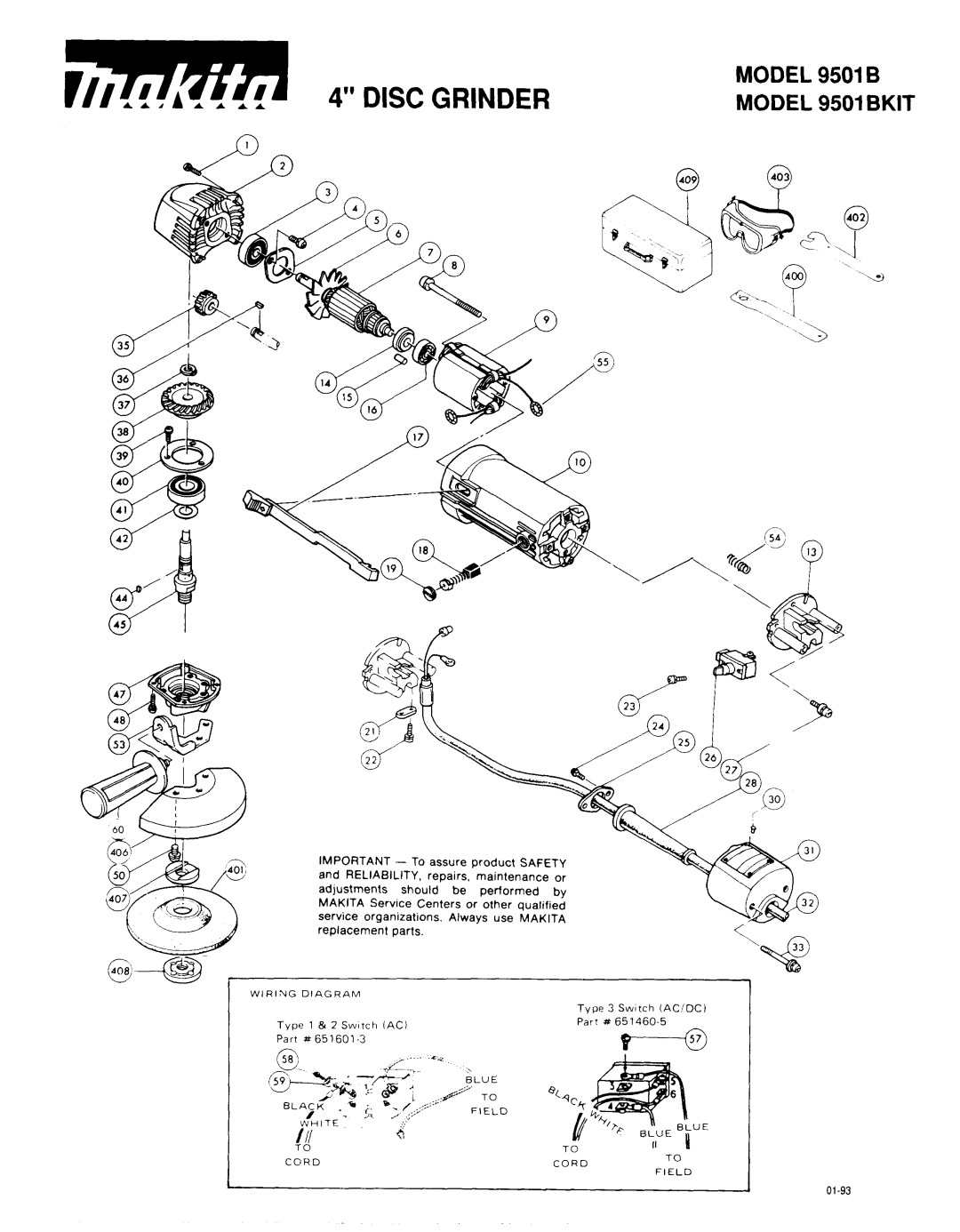 Makita 9501BKLT manual Disc Grinder 