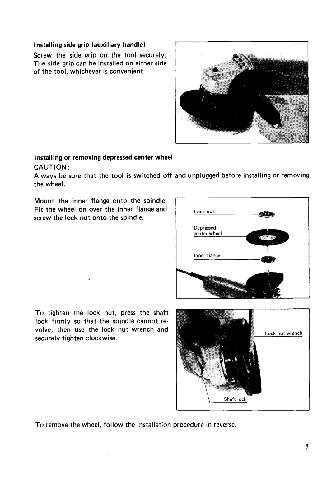 Makita 9503BH instruction manual Installing or removing depressed center wheel 