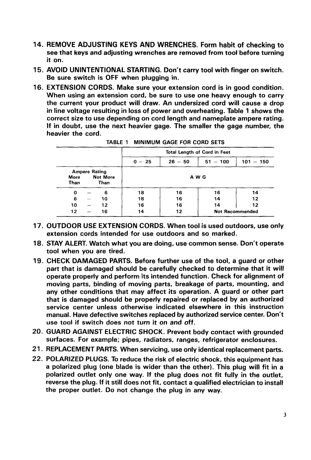 Makita 9505BH instruction manual Minimum Gage for Cord Sets 