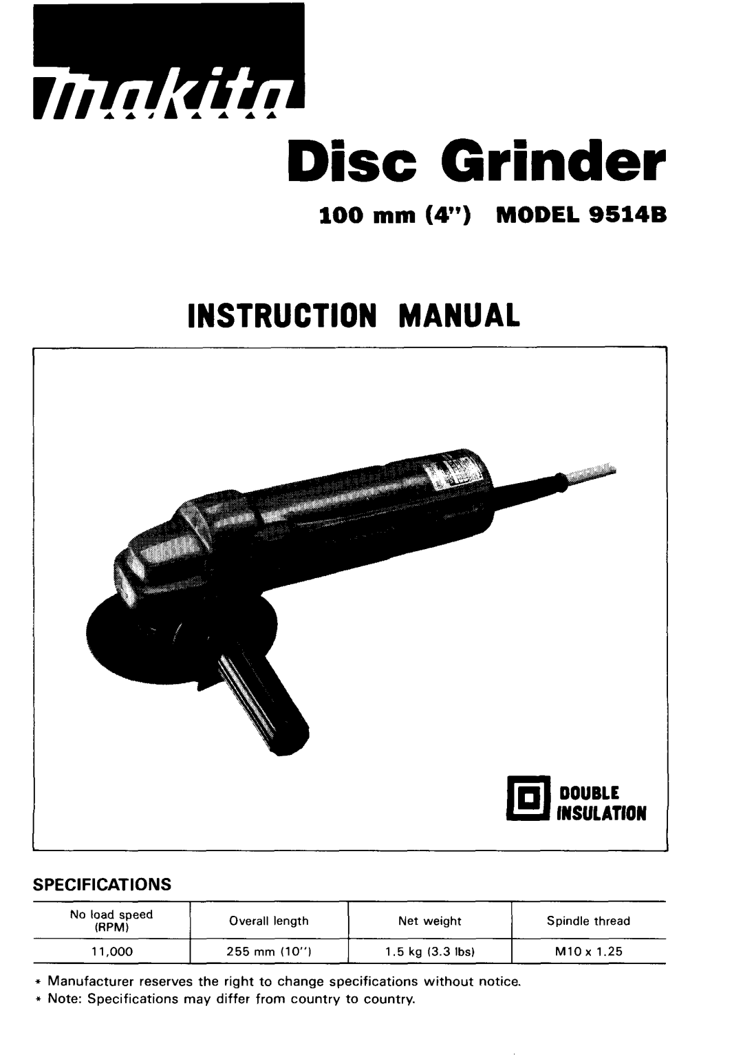 Makita 9514B instruction manual Disc Grinder 