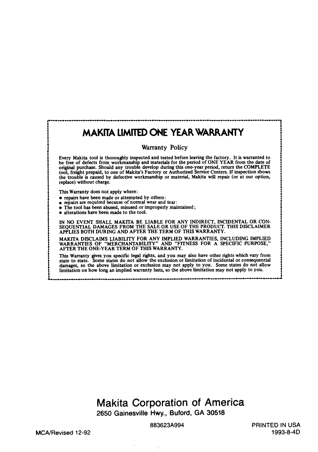 Makita 9514B instruction manual Makita Corporation of America 