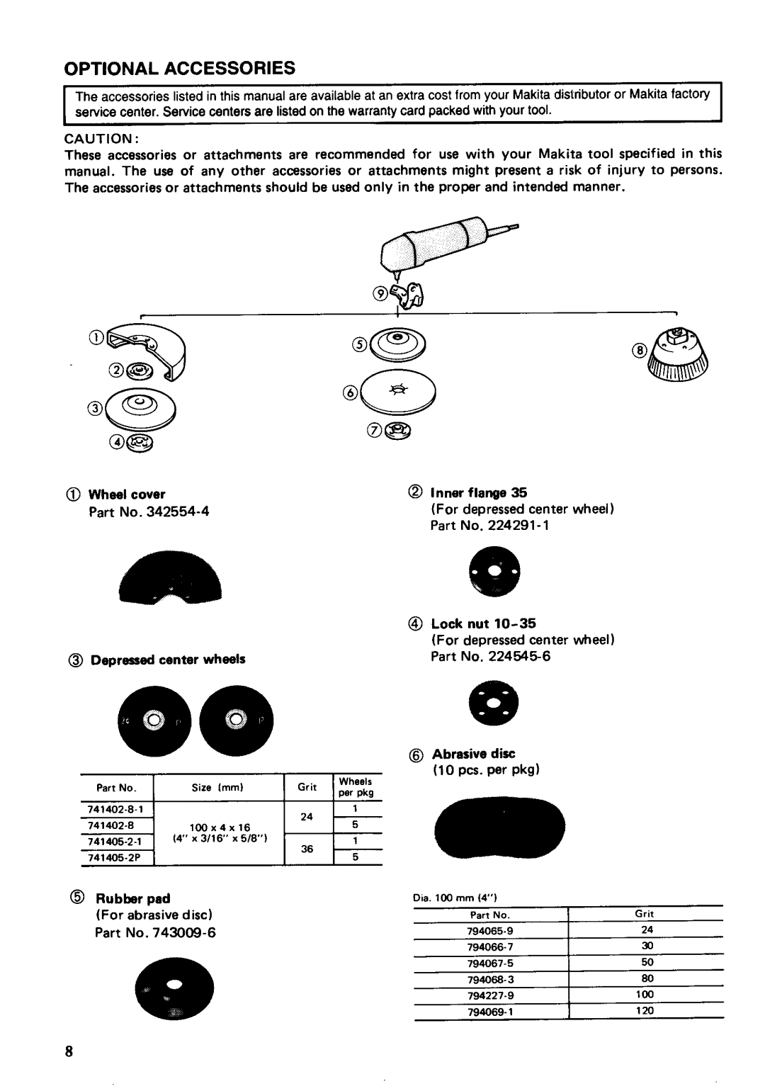 Makita 9514B instruction manual Optional Accessories 