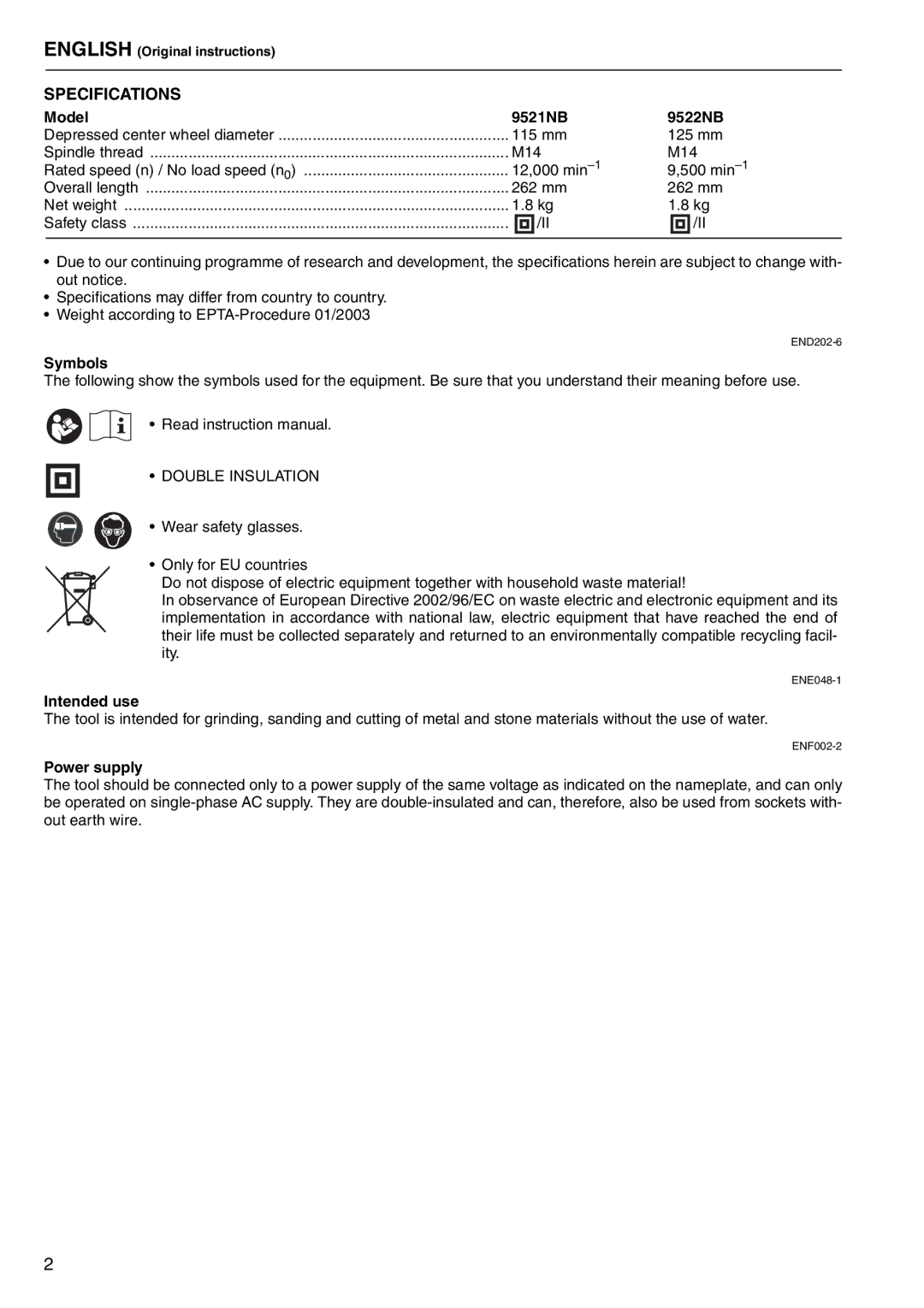 Makita manual Model 9521NB 9522NB, Symbols, Intended use, Power supply 