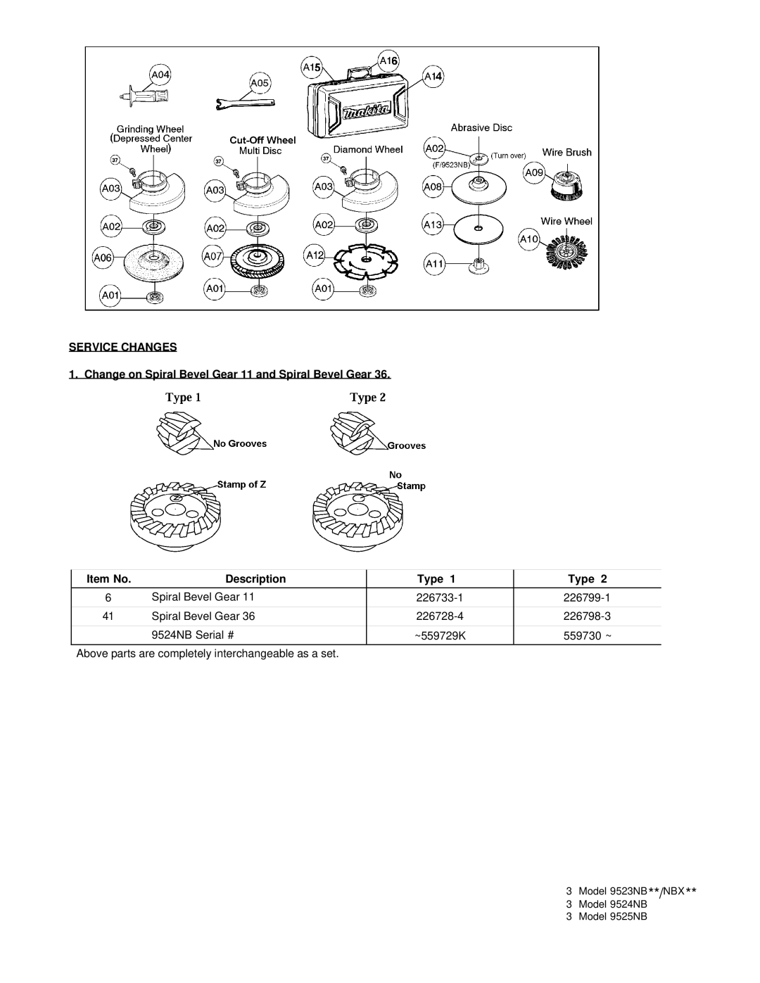 Makita 9523NB manual Service Changes 