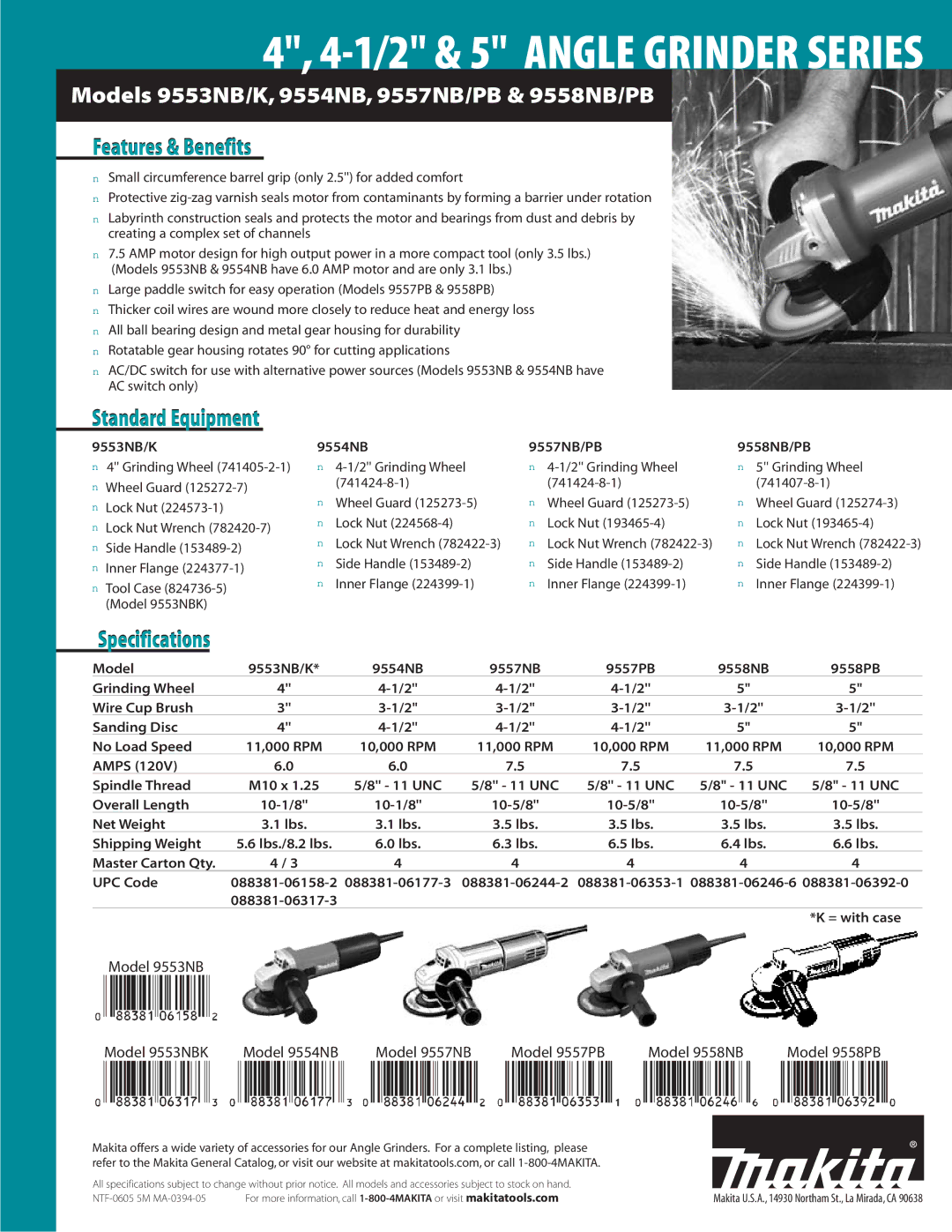 Makita 9553NBK manual Features & Benefits, Standard Equipment, Specifications 