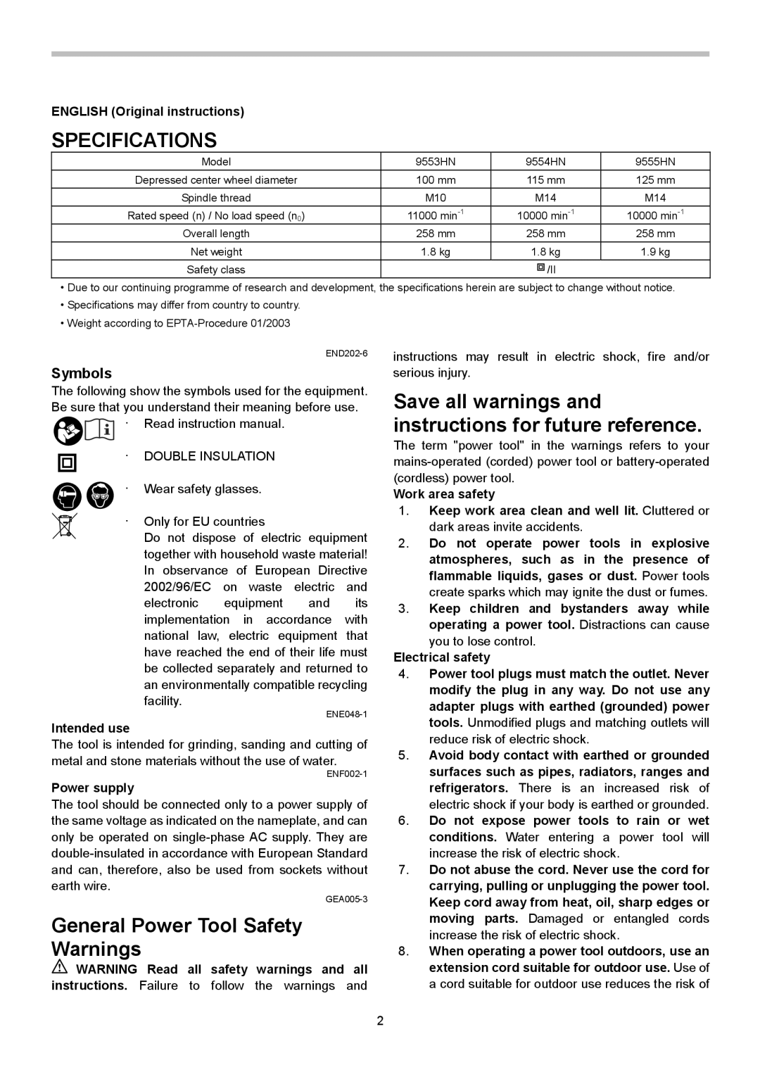 Makita 9553HN, 9555HN, 9554HN Specifications, Symbols, English Original instructions, Intended use, Power supply 