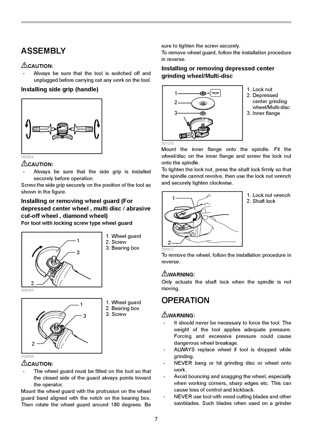 Makita 9554HN, 9555HN Assembly, Operation, Installing side grip handle, For tool with locking screw type wheel guard 