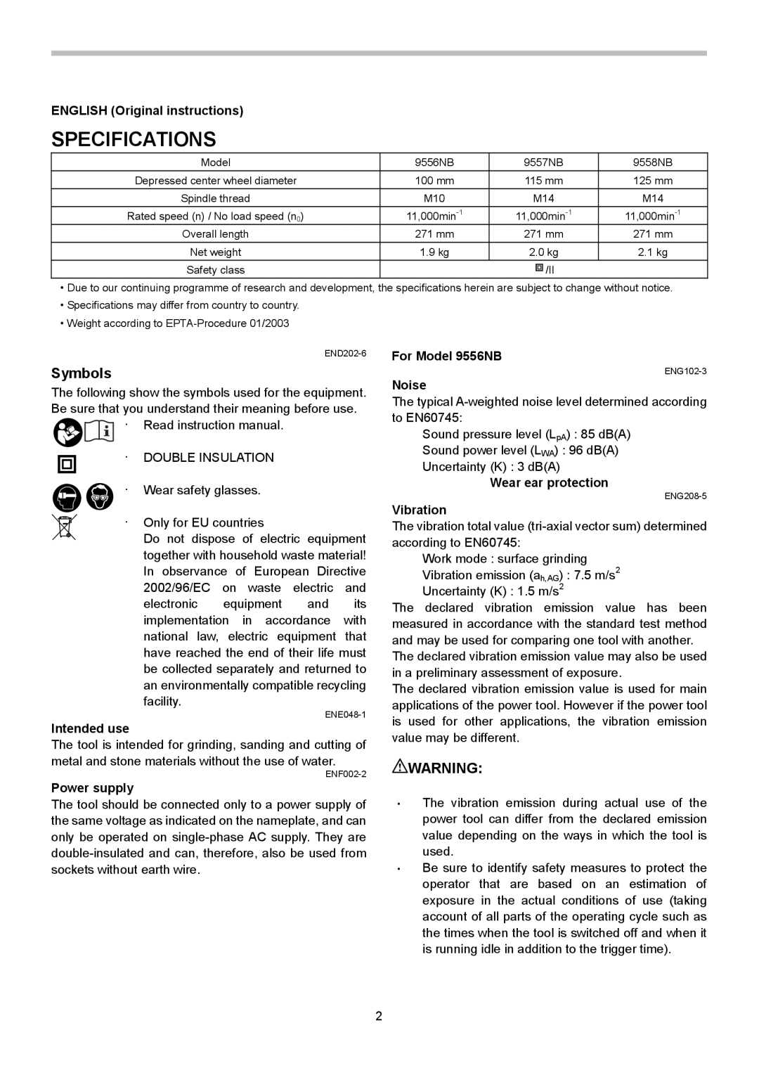 Makita 9557NB, 9556NB, 9558NB instruction manual Specifications, Symbols 