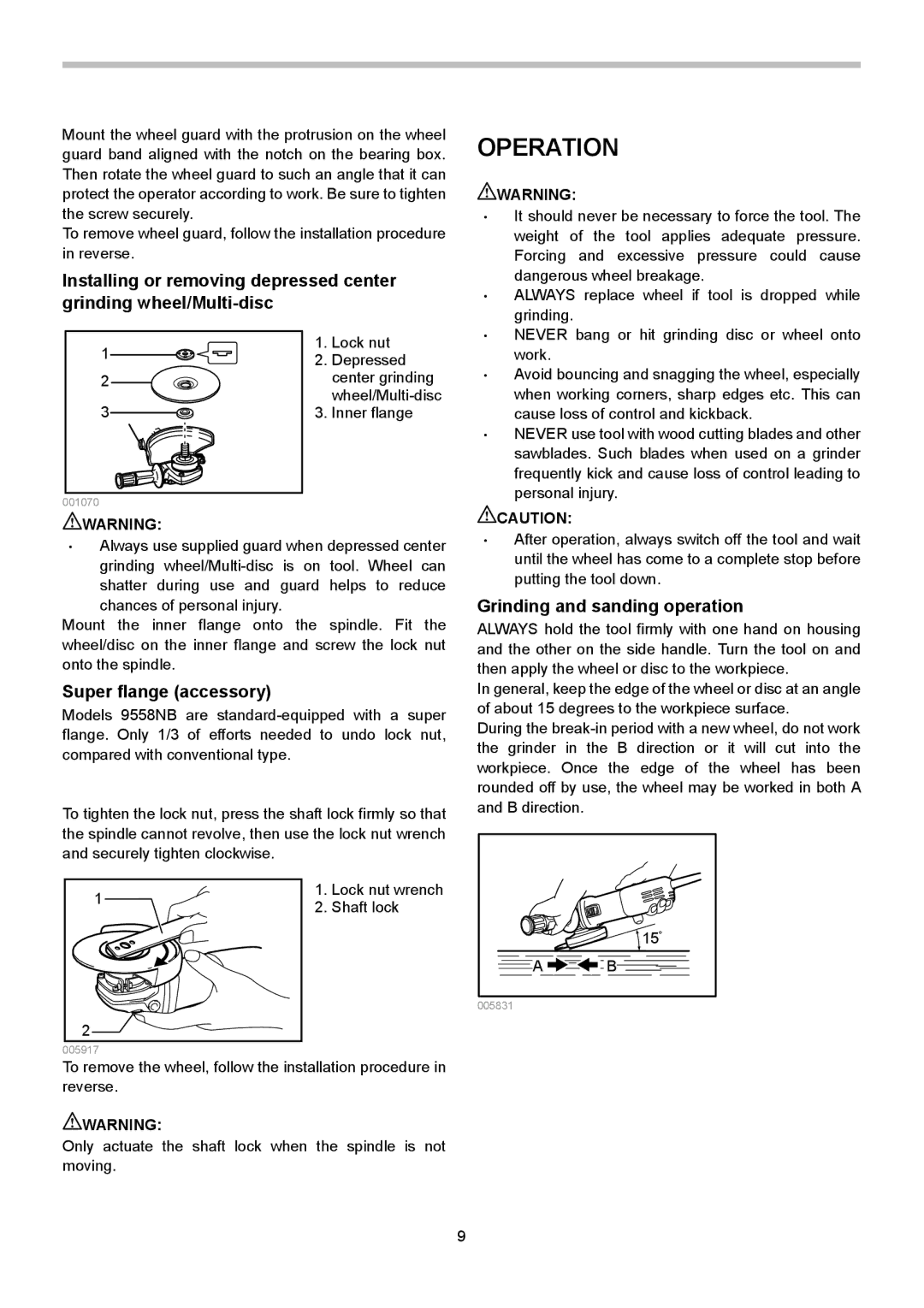 Makita 9556NB, 9558NB, 9557NB instruction manual Operation, Super flange accessory, Grinding and sanding operation 