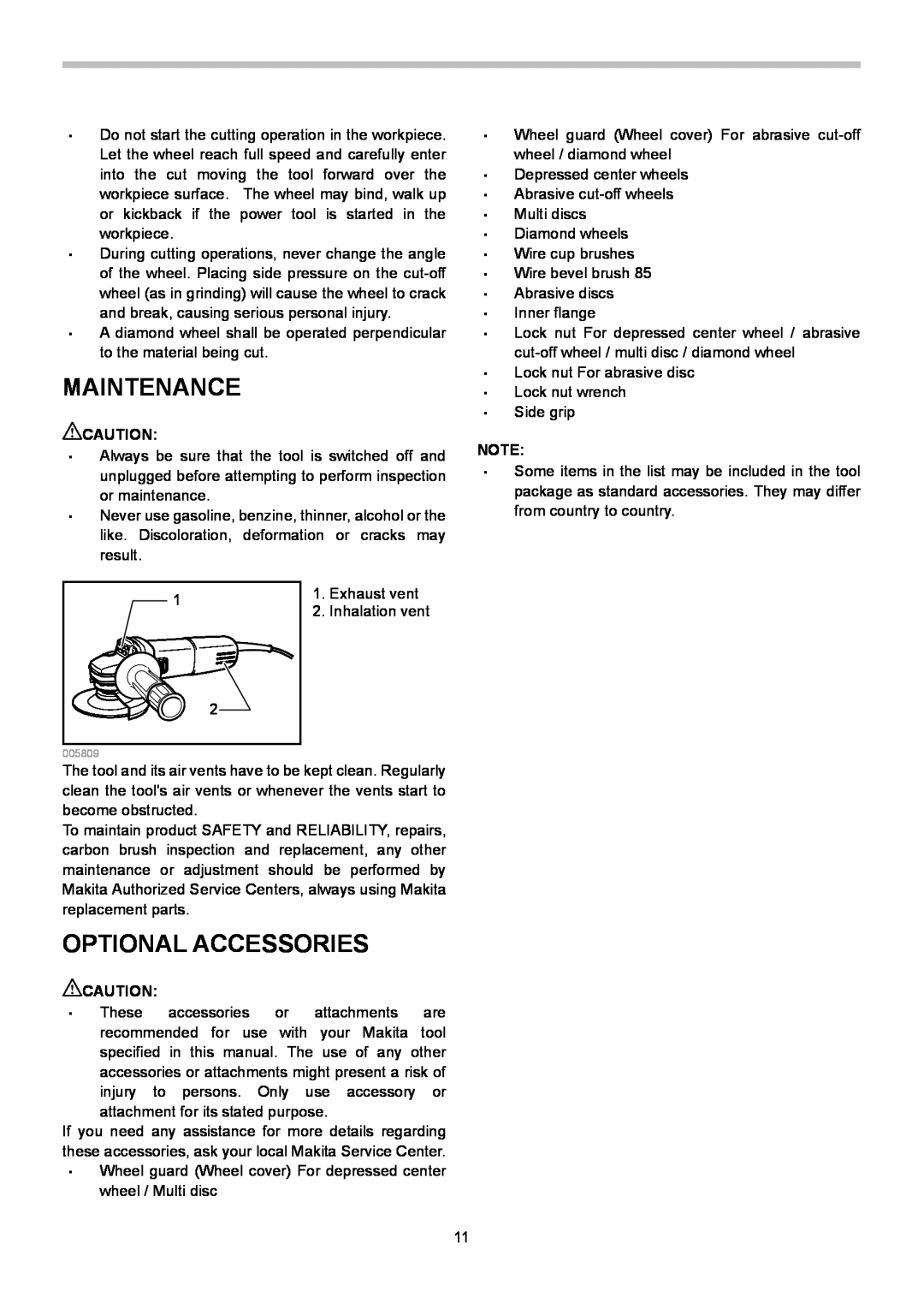 Makita 9557NB, 9556NB, 9558NB instruction manual Maintenance, Optional Accessories 