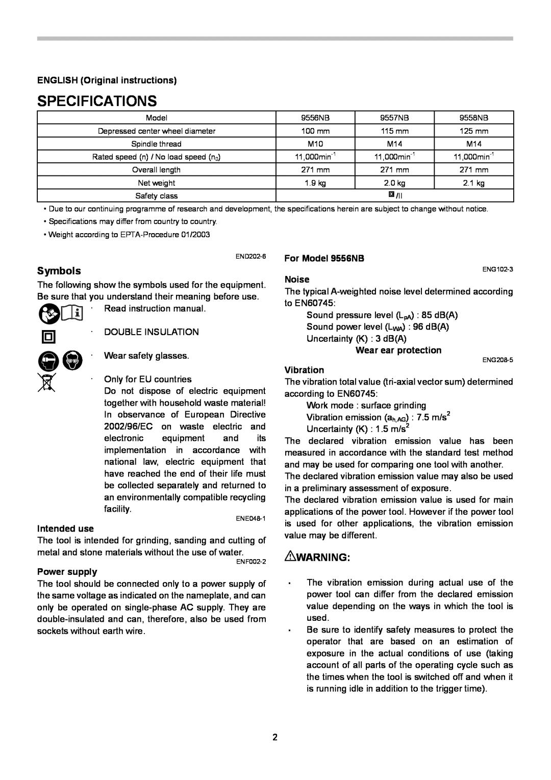 Makita 9557NB, 9556NB, 9558NB instruction manual Specifications, Symbols 