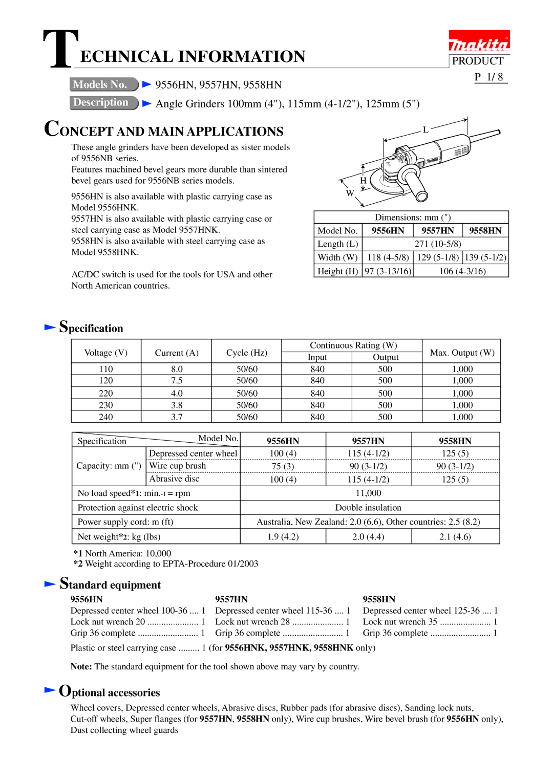 Makita 9556HN, 9557HN, 9558HN specifications Specification, Standard equipment, Optional accessories 