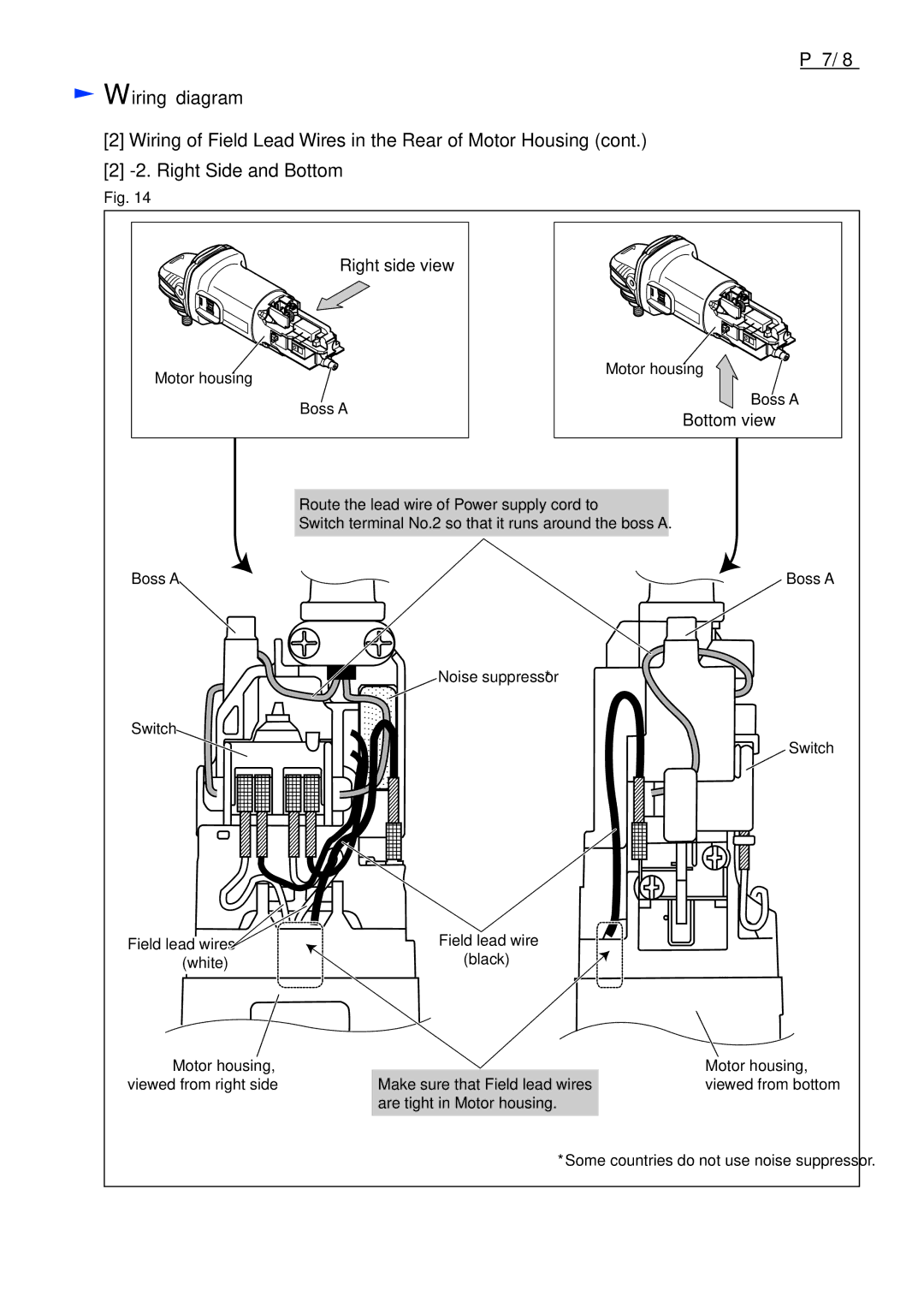 Makita 9556HN, 9557HN, 9558HN Right side view, Bottom view, Make sure that Field lead wires, Are tight in Motor housing 