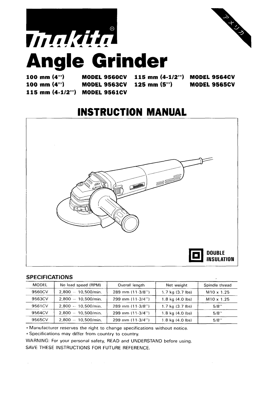 Makita 9564CV, 9560CV, 9561CV, 9565CV, 9563CV instruction manual 100 mm, 115 mm 