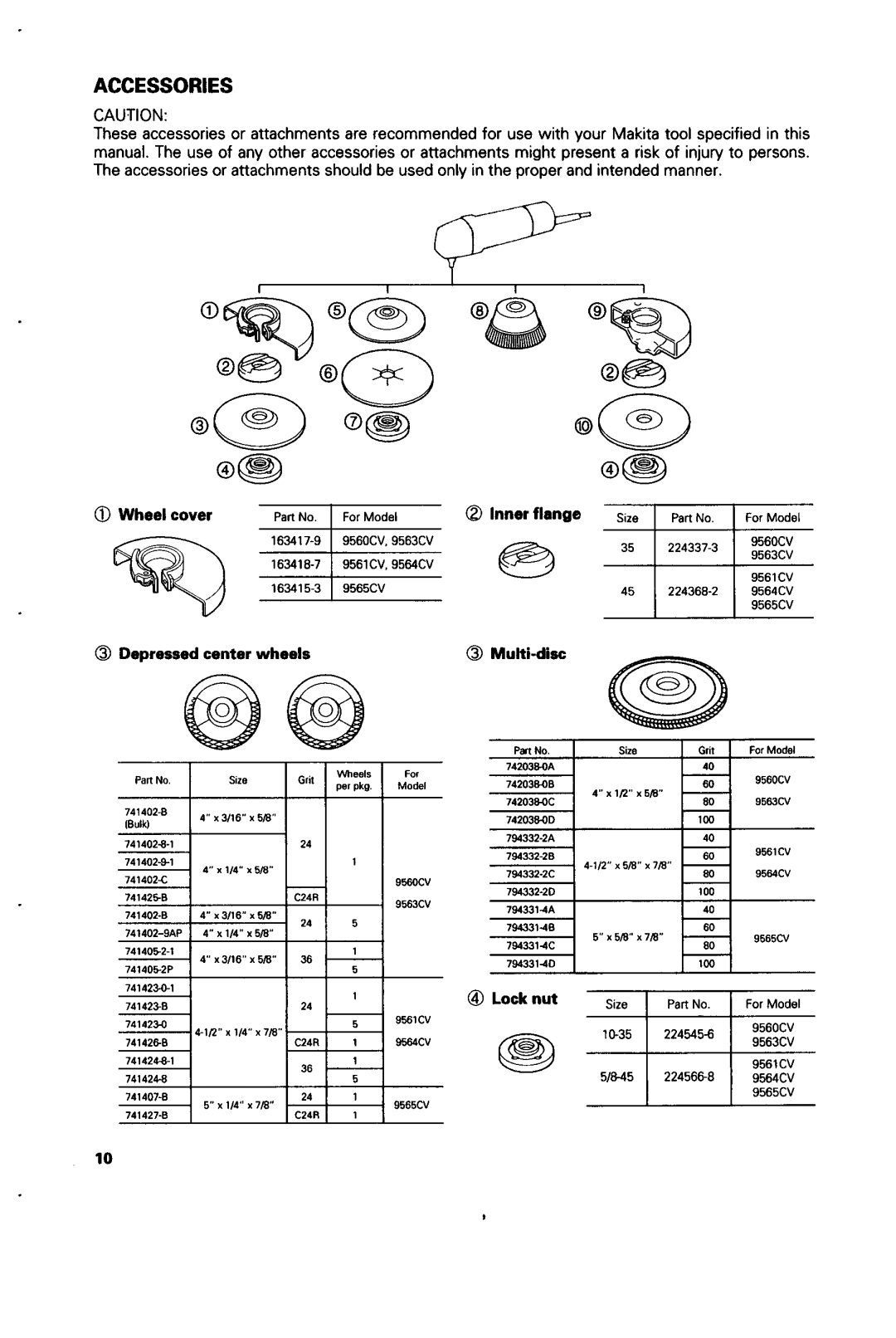 Makita 9560CV, 9564CV, 9561CV, 9565CV, 9563CV Accessories, @ Wheelcover, @ Depressed center wheels, @ Multi-disc, @ Locknut 