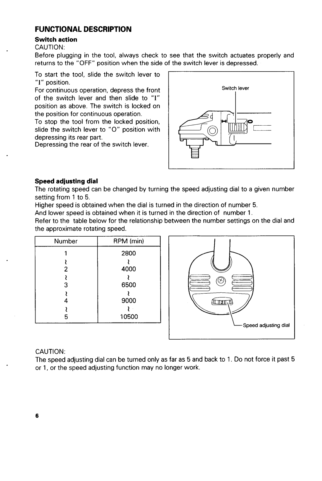 Makita 9564CV, 9560CV, 9561CV, 9565CV, 9563CV instruction manual Functional Description, Switch action, Speed adjusting dial 