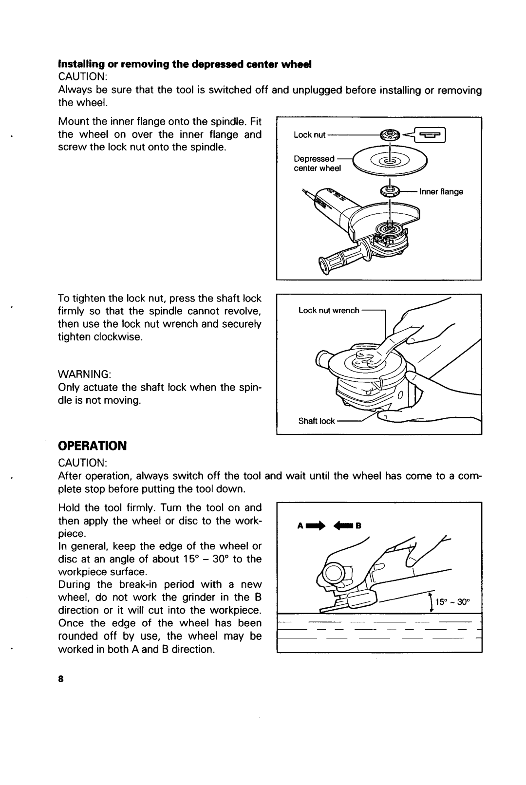 Makita 9565CV, 9560CV, 9564CV, 9561CV, 9563CV instruction manual Operation, Installing or removingthe depressed center wheel 