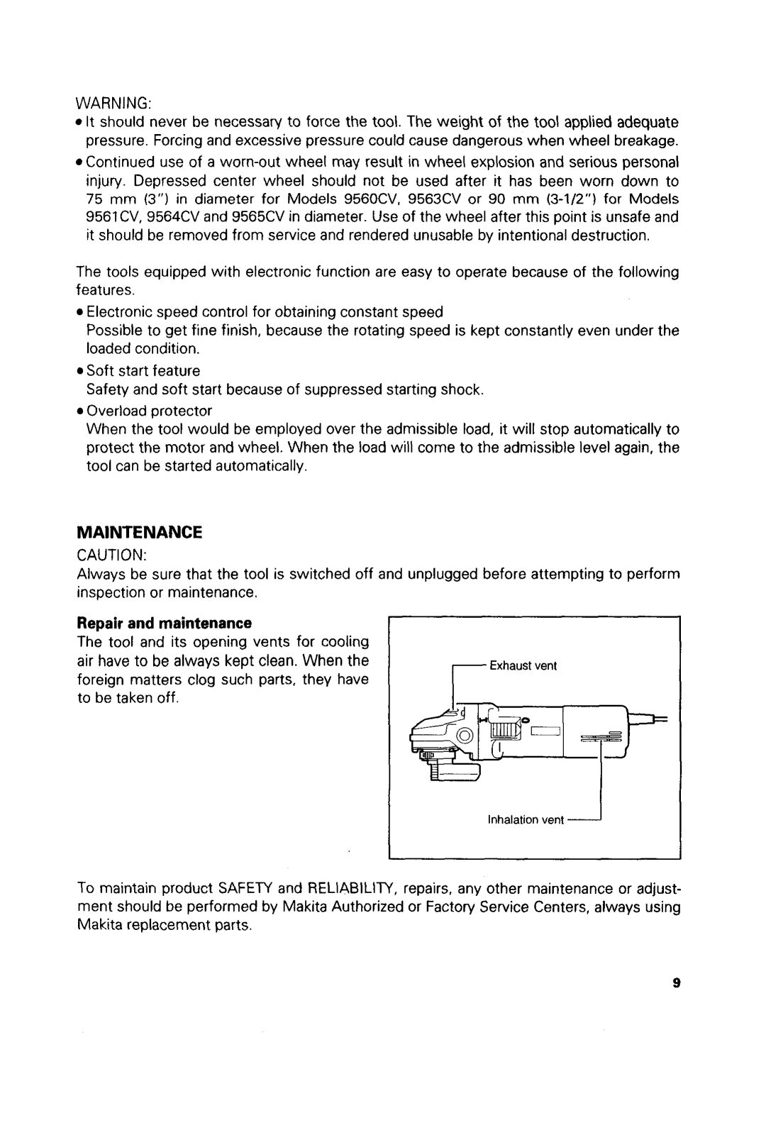 Makita 9563CV, 9560CV, 9564CV, 9561CV, 9565CV instruction manual WARN1NG, Repair and maintenance 